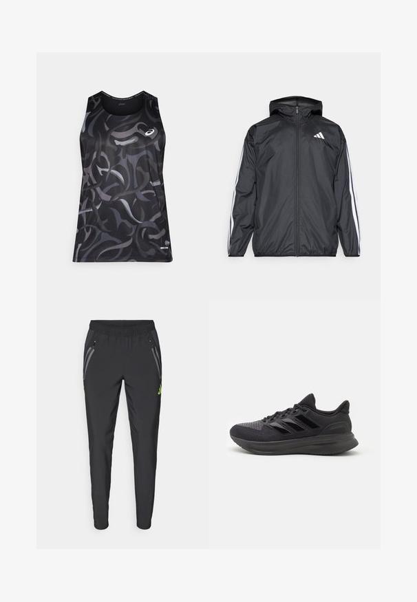 Veste coupe-vent noire avec capuche, en matériau lisse et léger. Présente des rayures blanches le long des manches et un logo sur la poitrine.; Débardeur de sport noir avec des motifs gris et foncés tourbillonnants. Présente un col rond et un petit logo sur le côté gauche à l'avant. Texture lisse.; adidas Performance REAL MADRID TIRO25 PRO VIS TECH TRAVEL PANT - Article de supporter d'équipe de club - black/lucid lemon; Chaussure de sport noire avec dessus en tissu texturé, semelle en caoutchouc et trois rayures noires brillantes sur le côté. Bout arrondi et talon rembourré.