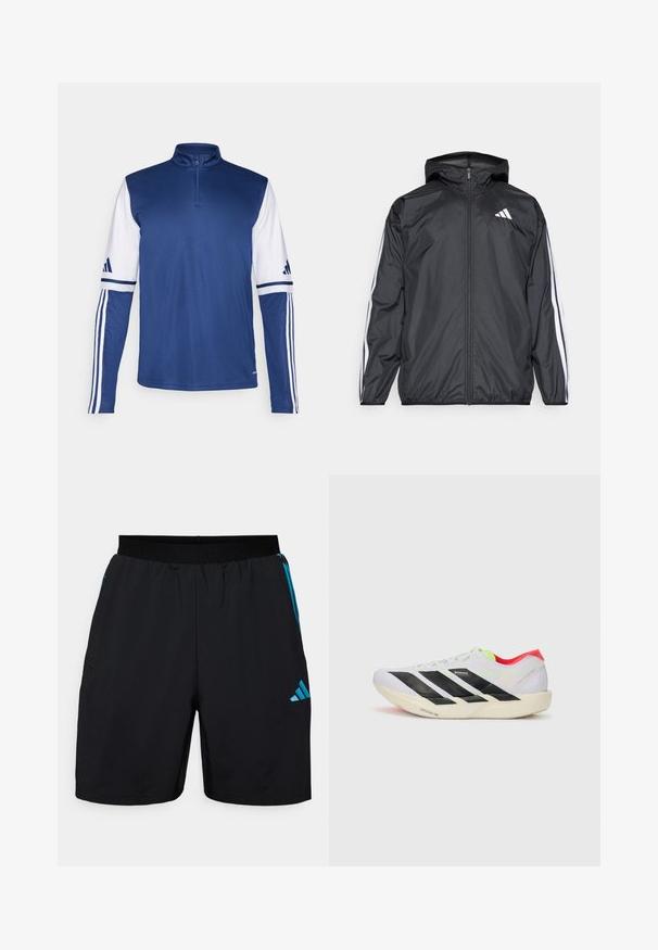 Jachetă neagră de vânt cu glugă, realizată dintr-un material neted și ușor. Prezintă dungi albe pe mâneci și un logo pe piept.; Pullover sportiv albastru cu guler cu fermoar pe un sfert, mâneci lungi albe cu accente bleumarin și trei dungi albe pe fiecare mânecă.; Şorturi atletice negre, fabricate dintr-un material ușor, cu dungi laterale albastre și logo-ul adidas. Talie elastică pentru confort.; Adidași albi pentru alergare cu dungi negre, accente verzi neon și toc roșu. Prezintă un design ușor și o talpă texturată pentru aderență.