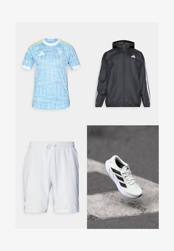 Jachetă neagră de vânt cu glugă, realizată dintr-un material neted și ușor. Prezintă dungi albe pe mâneci și un logo pe piept.; Tricou sportiv albastru cu un model spiralat, mâneci scurte și accente albe. Prezintă logo-ul Adidas și emblema Juventus în față.; Shorts sportive albe cu talie elastică și șnur ajustabil. Țesătură netedă cu o textură subtilă, având buzunare laterale.; Adidași albi cu partea superioară din plasă texturată, dungi negre, închidere cu șireturi și talpă căptușită, levitând deasupra unei suprafețe de drum marcate.