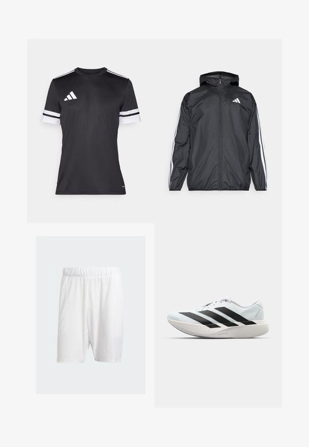 Mustakainen tuulitakki, jossa on huppu, valmistettu sileästä ja kevyestä materiaalista. Tässä takissa on valkoiset raidat hihoissa ja logo rinnassa.; Mustapukuinen urheilupaita, jossa on lyhyet hihat. Hihassa on valkoiset raidat ja vasemmassa olkapäässä valkoinen kolmiraitalogos. Valmistettu sileästä kankaasta.; Valkoiset urheilushortsit, jotka on valmistettu kevyestä kankaasta. Niissä on joustava vyötärö, sileä pinta ja polven pituinen leikkaus.; Kevyt juoksukengät vaaleansinisinä mustilla raidoilla. Ominaisuuksiin kuuluu sileä pinta, pyöreä kärki ja paksu valkoinen välipohja, joka on merkitty "LIGHTSTRIKE PRO".