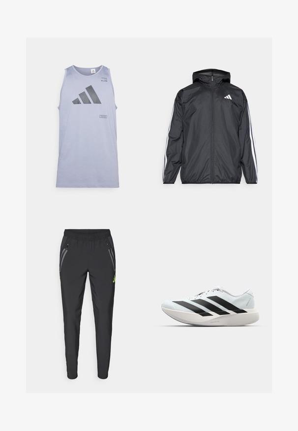 Μαύρο ανοιξιάτικο μπουφάν με κουκούλα, φτιαγμένο από λεία, ελαφριά ύφασμα. Διαθέτει λευκές ρίγες κατά μήκος των μανικιών και λογότυπο στο στήθος.; Φωτεινό μωβ αμάνικο μπλουζάκι φτιαγμένο από μαλακό ύφασμα, με σχέδιο από μαύρο δίχτυ τρεις λωρίδες και λογότυπο μπροστά.; adidas Performance REAL MADRID TIRO25 PRO VIS TECH TRAVEL PANT - Ρούχα για κλαμπ - black/lucid lemon; Ελαφριά αθλητικά παπούτσια τρεξίματος σε ανοιχτό μπλε με μαύρες ρίγες. Διαθέτουν λείο άνω μέρος, στρογγυλή μύτη και παχύ λευκό ενδιάμεσο πέλμα που φέρει την ετικέτα "LIGHTSTRIKE PRO."