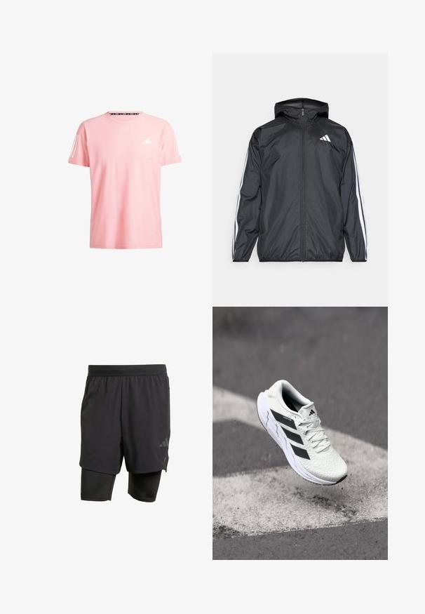 Černá větrovka s kapucí, vyrobená z hladkého, lehkého materiálu. Má bílé pruhy podél rukávů a logo na hrudi.; adidas Performance OTR B - Sportovní tričko - semi pink spark; Černé sportovní šortky s integrovanou vnitřní vrstvou, vyrobené z prodyšné tkaniny. Obsahují nenápadné logo a strukturovanou texturu. Nastavitelný pas.; Bílé sportovní boty s texturovanou síťovinou, černými pruhy, šněrováním a polstrovanou podrážkou, levitující nad vyznačeným povrchem silnice.