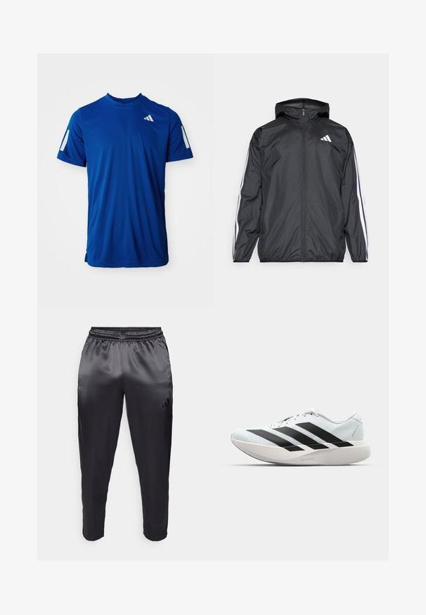 Svart vindjakke med hette, laget av glatt, lett materiale. Har hvite striper langs ermene og et logo på brystet.; Blå kortermet atletisk skjorte med reflekterende striper på ermene og en liten hvit logo på øvre venstre bryst.; Svarte treningsbukser laget av glatt, lett stoff med elastisk midjebånd. Har en liten logo på venstre side og avsmalnende ben.; Lette løpesko i lys blå med svarte striper. Har en myk overdel, rund tå og tykk hvit mellomsole merket "LIGHTSTRIKE PRO."