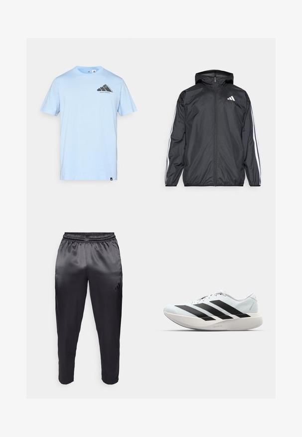 Chaqueta cortavientos negra con capucha, hecha de un material suave y ligero. Presenta rayas blancas a lo largo de las mangas y un logo en el pecho.; adidas Performance Camiseta deportiva - glow blue; Pantalones deportivos negros hechos de una tela suave y liviana con una cintura elástica. Presentan un pequeño logo en el lado izquierdo y piernas ajustadas.; Zapatillas de running ligeras en azul pálido con rayas negras. Presentan una parte superior suave, puntera redonda y una gruesa mediasuela blanca etiquetada como "LIGHTSTRIKE PRO".