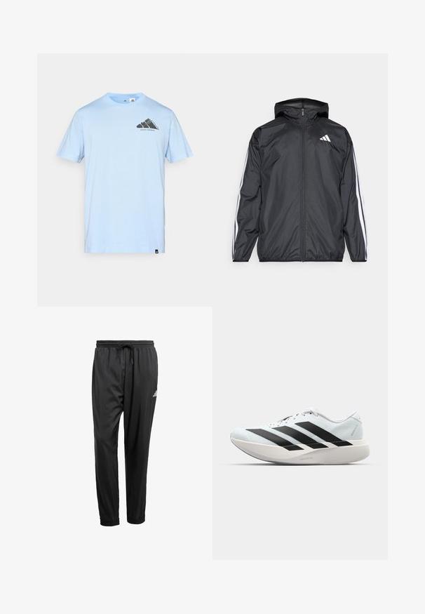 Μαύρο ανοιξιάτικο μπουφάν με κουκούλα, φτιαγμένο από λεία, ελαφριά ύφασμα. Διαθέτει λευκές ρίγες κατά μήκος των μανικιών και λογότυπο στο στήθος.; adidas Performance Αθλητικό μπλουζάκι - glow blue; Μαύρο αθλητικό παντελόνι με ελαστική ζώνη, κορδόνι, μανσέτες στους αστραγάλους και ένα μικρό λευκό λογότυπο στον δεξί μηρό.; Ελαφριά αθλητικά παπούτσια τρεξίματος σε ανοιχτό μπλε με μαύρες ρίγες. Διαθέτουν λείο άνω μέρος, στρογγυλή μύτη και παχύ λευκό ενδιάμεσο πέλμα που φέρει την ετικέτα "LIGHTSTRIKE PRO."