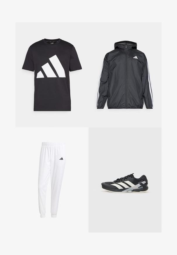 Fekete szélálló dzseki kapucnival, sima, könnyű anyagból. Fehér csíkokkal díszített az ujjak mentén és logóval a mellkason.; Fekete pamut póló kerek nyakkivágással és rövid ujjakkal, a mellkasán egy nagy, fehér háromcsíkkal díszített logóval.; Fehér sportnadrág sima anyagból, rugalmas derékpánttal és szűkített bokákkal, a hátsó zsebében fekete logóval.; Fekete sportcipő fehér csíkokkal, hálós felsőrész, kerek orr és párnázott talp. Texturált sarokkal és biztonságos fűzőrendszerrel rendelkezik.