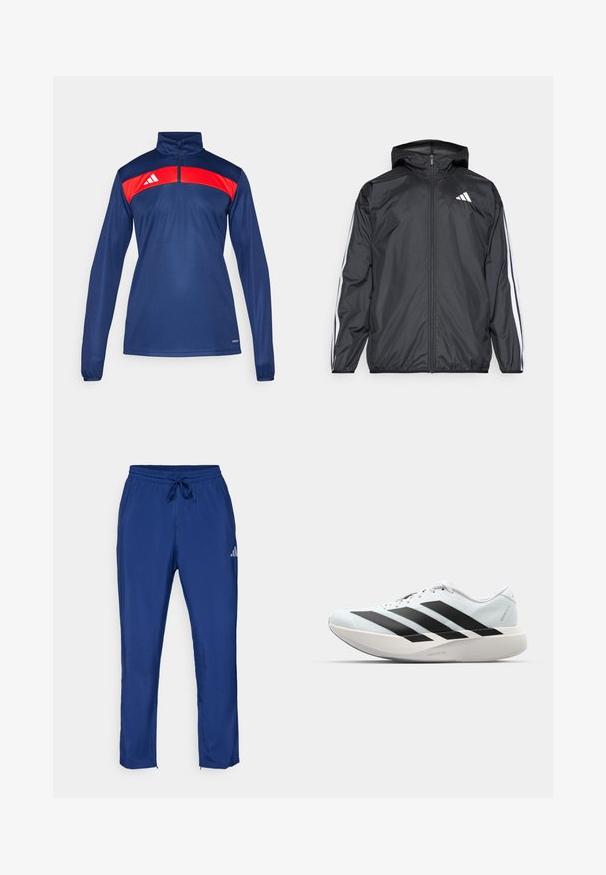 Must hele musta tuulejope, millel on kapuuts ja mis on valmistatud siledast, kergest materjalist. Omab valgeid triipasid varrukatel ja logo rinnal.; Tumed sinine spordipullover punase paneeliga õlgadel, poolsipiga kaelus, pikad varrukad ja logo detail vasakul küljel.; Tumesinine sportlikud püksid, millel on elastne vöökoht ja nöör. Küljel on diskreetne logo ja sääreõmblustes lukuga avad.; Kerged jooksujalatsid helesinises värvuses mustade triipudega. Omavad siledat pealispinda, ümarat varvase osa ja paksu valget vahemõõtu, millel on silt "LIGHTSTRIKE PRO".