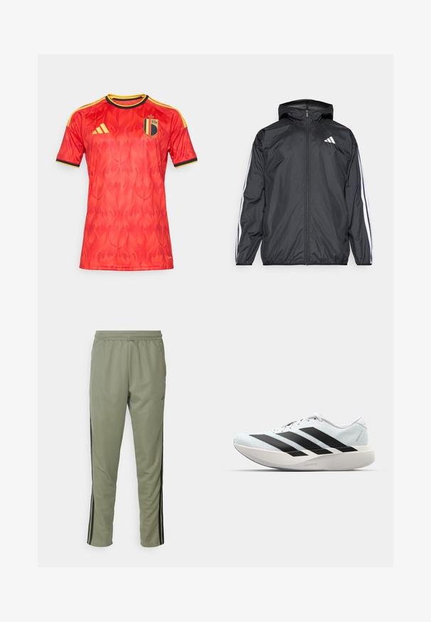 Zwarte windbreaker met capuchon, gemaakt van glad, lichtgewicht materiaal. Heeft witte strepen langs de mouwen en een logo op de borst.; Rood voetbalshirt met subtiel vlammenpatroon, zwarte en gele bies, Adidas-logo en het embleem van de Koninklijke Belgische Voetbalbond op de borst.; adidas Performance TRAIN ESSENTIALS 3-STRIPES - Trainingsbroek - silver pebble/black; Lichte hardloopschoenen in lichtblauw met zwarte strepen. Beschikt over een soepele bovenkant, ronde neusstuk en dikke witte tussenzool met het label "LIGHTSTRIKE PRO."