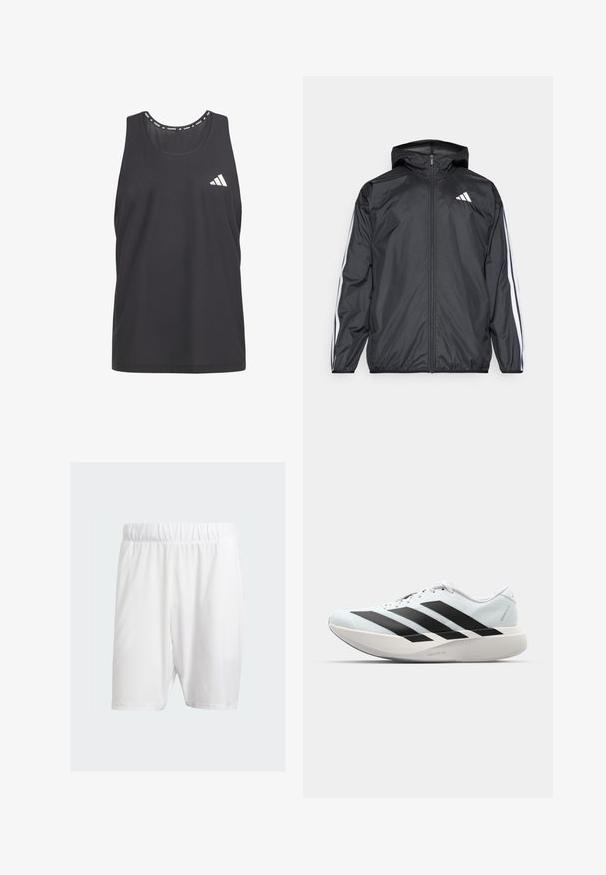 Črna vetrovka s kapuco, izdelana iz gladkega, lahkega materiala. Ima bele črte ob rokavih in logo na prsih.; Črn športni top brez rokavov, ki se ponaša z zračnim mrežastim materialom, zaobljenim ovratnikom in belim logotipom Adidas na levem prsnem predelu.; Beli atletski kratki hlače iz lahkega materiala, z elastičnim pasom, gladko teksturo in dolžino do kolen.; Lahki tekaški čevlji v svetlo modri barvi z belimi črtami. Imajo gladek zgornji del, okroglo kapico in debel bel srednji podplat z označbo "LIGHTSTRIKE PRO."