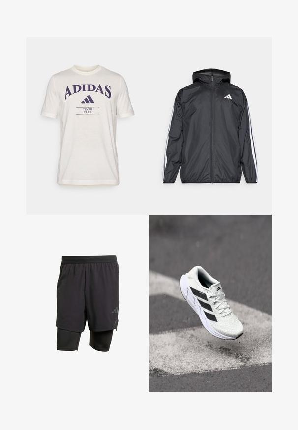 Casaco corta-vento preto com capuz, feito de material liso e leve. Apresenta riscas brancas ao longo das mangas e um logótipo no peito.; T-shirt creme com mangas curtas, apresentando um grande logótipo roxo "ADIDAS" e o texto "TENNIS CLUB" em roxo escuro abaixo.; Calções atléticos pretos com camada interior integrada, feitos de tecido respirável. Apresentam um logotipo subtil e textura estruturada. Cintura ajustável.; Shoe atlético branco com parte superior em malha texturizada, riscas pretas, fecho de atacadores e sola almofadada, a flutuar acima de uma superfície de estrada marcada.