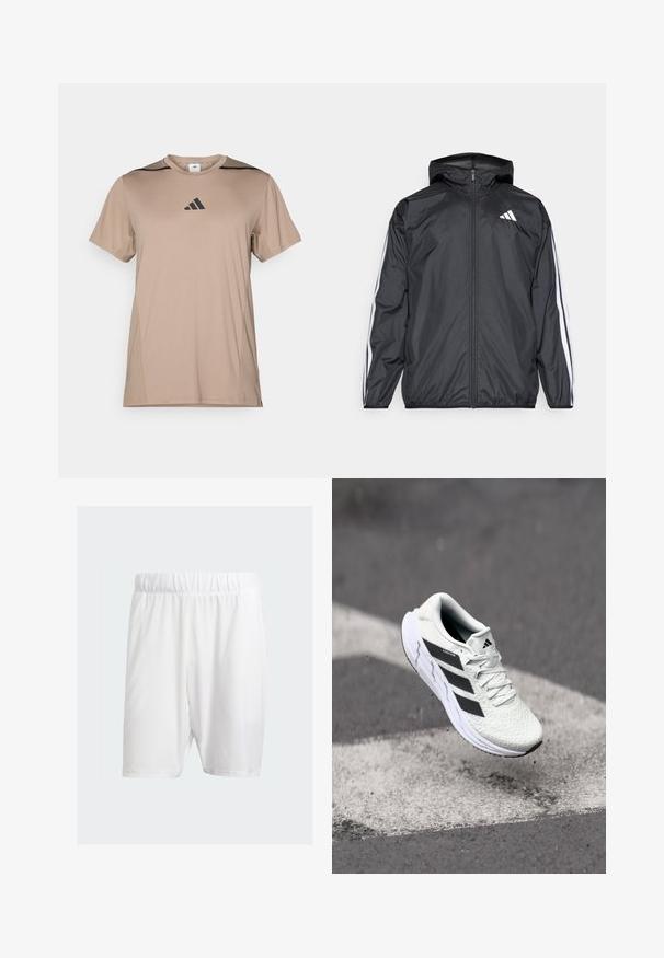 Casaco corta-vento preto com capuz, feito de material liso e leve. Apresenta riscas brancas ao longo das mangas e um logótipo no peito.; T-shirt atlético em tom suave, com detalhes pretos nos ombros e um logo da Adidas preto centrado no peito.; Calções de desporto brancos feitos de um tecido leve, com uma cintura elástica, textura suave e corte até ao joelho.; Shoe atlético branco com parte superior em malha texturizada, riscas pretas, fecho de atacadores e sola almofadada, a flutuar acima de uma superfície de estrada marcada.