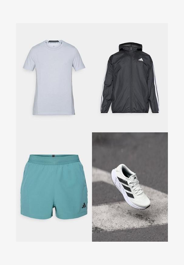 Jachetă neagră de vânt cu glugă, realizată dintr-un material neted și ușor. Prezintă dungi albe pe mâneci și un logo pe piept.; Tricou sportiv gri deschis cu mânecile scurte, guler rotund și un logo discret pe față. Material moale, textură netedă și accente laterale.; Shorts atletici de culoare teal cu un brâu texturat, buzunare laterale și logo-ul Adidas de culoare neagră în partea dreaptă jos. Material ușor.; Adidași albi cu partea superioară din plasă texturată, dungi negre, închidere cu șireturi și talpă căptușită, levitând deasupra unei suprafețe de drum marcate.