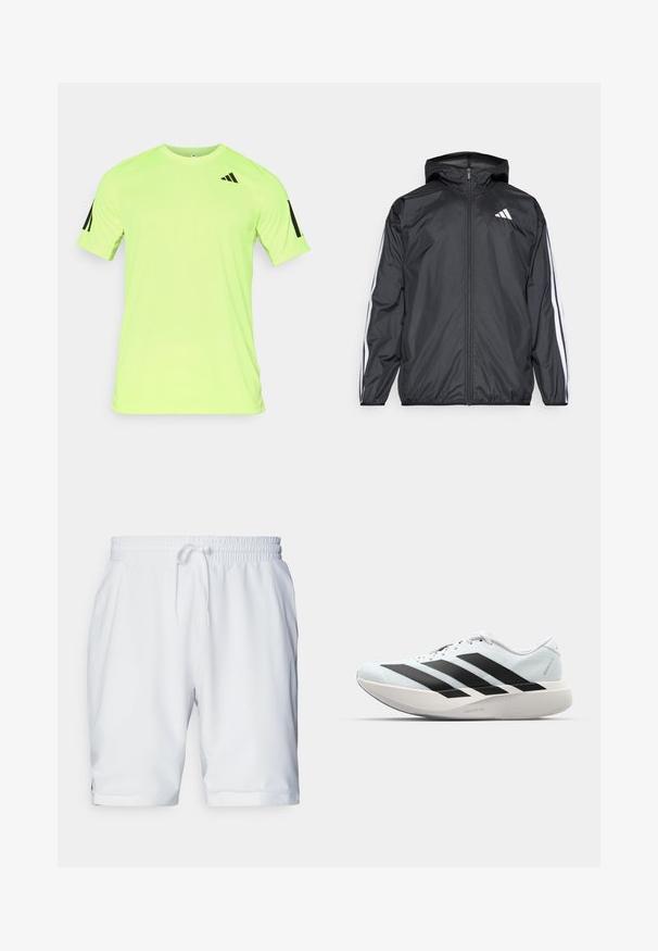 Čierna vetrovka s kapucňou, vyrobená z hladkého, ľahkého materiálu. Má biele pruhy pozdĺž rukávov a logo na hrudi.; Neón žlté športové tričko s krátkym rukávom z materiálu odvádzajúceho vlhkosť, so čiernym logom Adidas a pruhmi na rukávoch.; Biele športové šortky s elastickým pásom a nastaviteľnou šnúrkou. Hladká tkanina s jemnou textúrou, s bočnými vreckami.; Ľahké bežecké topánky v svetlomodrej farbe s čiernymi pruhmi. Majú hladký zvršok, okrúle špičky a hrubú bielu medzipodrážku označenú "LIGHTSTRIKE PRO."