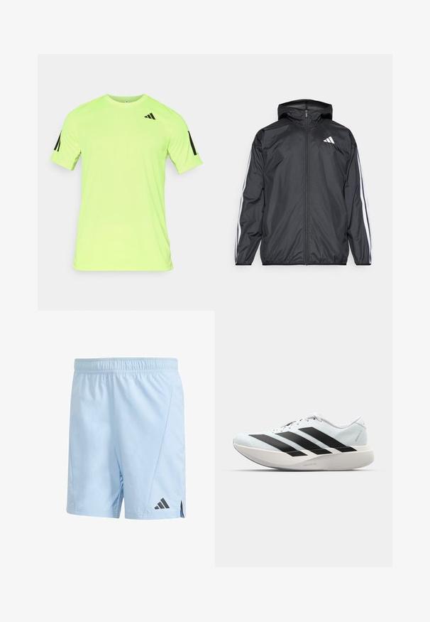 Svart vindjacka med huva, tillverkad av ett smidigt och lätt material. Har vita ränder längs ärmarna och en logotyp på bröstet.; Neon gul kortärmad träningströja med fukttransporterande tyg, med svart Adidas-logga och ränder på ärmarna.; Ljust blå träningsshorts i lätt material. Har ett elastiskt midjeband och svart Adidas-logotyp på nedre vänstra sidan.; Lätta löparskor i ljusblått med svarta ränder. Har en slät ovandel, rund tå och tjock vit mellansula märkt "LIGHTSTRIKE PRO."