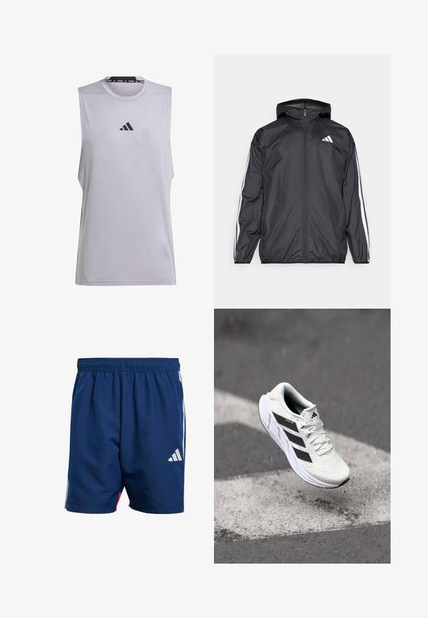 Black windbreaker jacket with a hood, made of smooth, lightweight material. Features white stripes along sleeves and a logo on the chest.; Sleeveless athletic shirt in light gray fabric with a smooth texture. Features a black adidas logo centered on the chest and a patterned collar.; Navy blue athletic shorts with an elastic waistband, side white stripes, and a small white logo on the lower left leg. Lightweight material.; White athletic shoe with textured mesh upper, black stripes, lace closure, and a cushioned sole, levitating above a marked road surface.