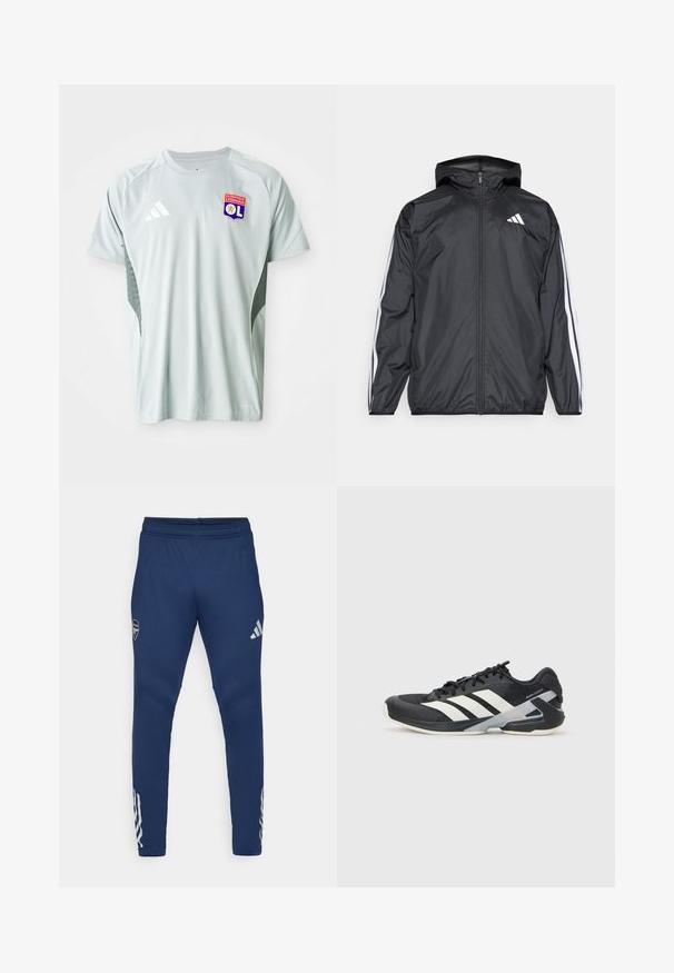 Casaco corta-vento preto com capuz, feito de material liso e leve. Apresenta riscas brancas ao longo das mangas e um logótipo no peito.; Camisa de futebol de manga curta cinza-claro com gola redonda, logotipo da Adidas e emblema do Olympique Lyonnais à frente, com laterais texturizadas.; Calças de desporto azuis-marinho com um cós elástico, design de perna afunilada, logotipo prateado na coxa e detalhes distintos em três riscas na parte inferior da perna.; Sapata atlética preta com riscas brancas, parte superior em malha, biqueira arredondada e sola acolchoada. Apresenta um calcanhar texturizado e um sistema de atacadores seguro.