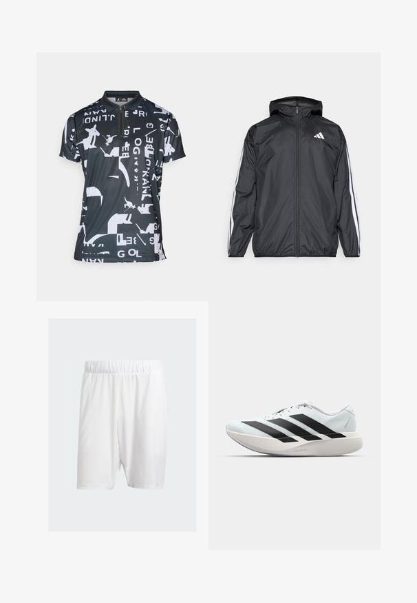 Černá větrovka s kapucí, vyrobená z hladkého, lehkého materiálu. Má bílé pruhy podél rukávů a logo na hrudi.; Černé polo tričko s geometrickým bílým vzorem, zipovým límečkem, krátkými rukávy a sportovní, lehkou texturou látky.; Bílé sportovní šortky vyrobené z lehkého materiálu, s elastickým pasem, hladkým povrchem a střihem ke kolenům.; Lehké běžecké boty v světle modré barvě s černými pruhy. Mají hladký svršek, kulatou špičku a silnou bílou mezipodešev označenou "LIGHTSTRIKE PRO."