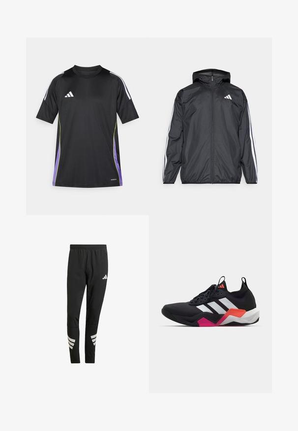 Casaco corta-vento preto com capuz, feito de material liso e leve. Apresenta riscas brancas ao longo das mangas e um logótipo no peito.; Camiseta atlética preta de mangas curtas, com riscas brancas nos ombros, detalhes em verde e roxo, e um logótipo bordado no peito.; Calças atléticas pretas com um cós elástico, apresentando detalhes refletivos brancos em padrão riscado nas pernas inferiores. Feitas de um tecido suave.; Sapatilha atlética preta com riscas brancas, parte superior texturizada e sola robusta com detalhes em laranja, rosa e branco. Design com atacadores e alça de puxar.