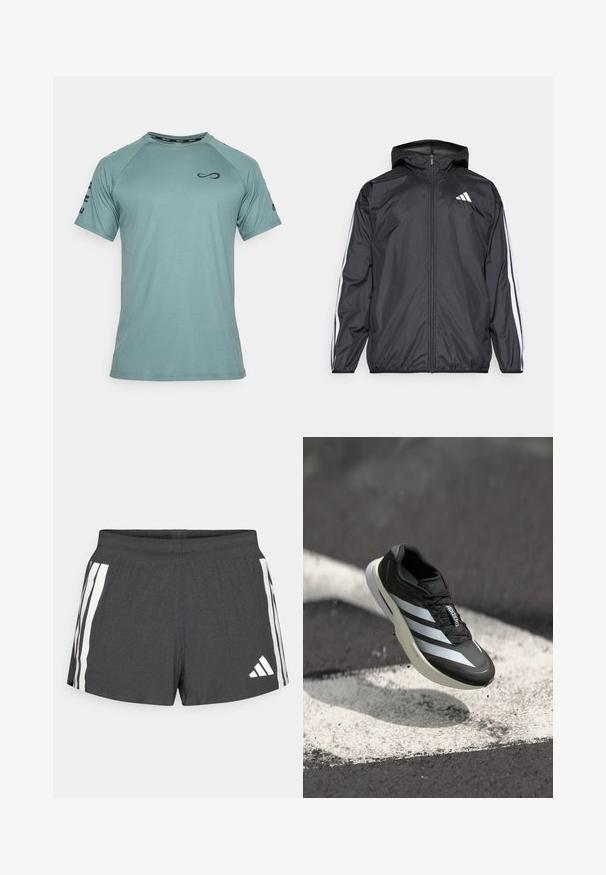 Fekete szélálló dzseki kapucnival, sima, könnyű anyagból. Fehér csíkokkal díszített az ujjak mentén és logóval a mellkason.; Endless CAMISETA FEISTY ICONIC - Sportfelső - cypress; Sötétszürke atlétikai rövidnadrág légáteresztő anyagból, fehér oldalsávokkal és egy logóval. A dizájn perforált textúrát tartalmaz a szellőzés érdekében.; Fekete sportcipő, három fehér csíkkal, texturált felsőrész, elegáns dizájn és ívelt talp, egy fehér vonal felett aszfalton elhelyezve.