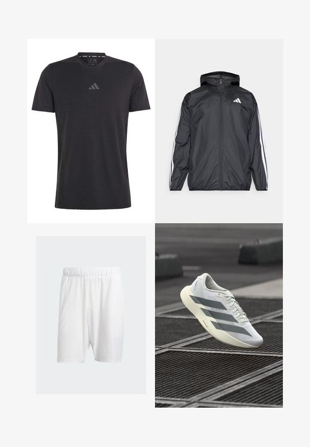 Schwarze Windjacke mit Kapuze, aus glattem, leichtem Material. Hat weiße Streifen entlang der Ärmel und ein Logo auf der Brust.; Schwarzes Kurzarm-Training-T-Shirt aus leichtem Stoff, mit Rundhalsausschnitt und einem dezenten eingeprägten Logo auf der Brust.; Weiße Sportshorts aus leichtem Material, mit elastischem Bund, glatter Textur und knielangem Schnitt.; Weißer Sportschuh mit einer strukturierten Mesh-Oberfläche, grauen Streifen und einer gepolsterten Sohle. Leichtes Design, geeignet zum Laufen.