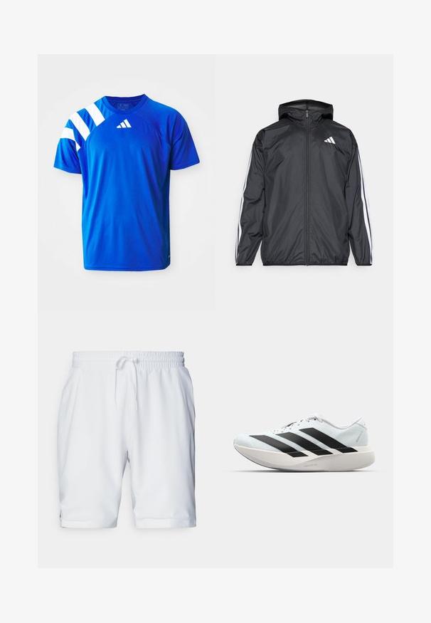 Črna vetrovka s kapuco, izdelana iz gladkega, lahkega materiala. Ima bele črte ob rokavih in logo na prsih.; Modra športna majica iz lahkega materiala, z belimi diagonalnimi črti na levem rami in embosiranim logotipom na prsih.; Beli športni kratki hlače z elastičnim pasom in prilagodljivo vrvico. Gladko blago z rahlo teksturo, z bočnimi žepi.; Lahki tekaški čevlji v svetlo modri barvi z belimi črtami. Imajo gladek zgornji del, okroglo kapico in debel bel srednji podplat z označbo "LIGHTSTRIKE PRO."