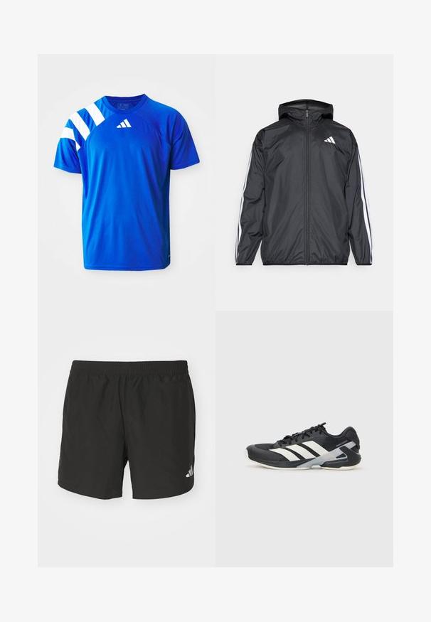 Chaqueta cortavientos negra con capucha, hecha de un material suave y ligero. Presenta rayas blancas a lo largo de las mangas y un logo en el pecho.; Camisa deportiva azul hecha de un tejido ligero, con rayas diagonales blancas en el hombro izquierdo y un logo en relieve en el pecho.; Pantalones cortos deportivos negros con cintura elástica, aberturas laterales y acentos de logo reflectantes. Hechos de una tela liviana y suave.; Zapatilla deportiva negra con franjas blancas, parte superior de malla, punta redondeada y suela acolchada. Presenta un talón texturizado y un sistema de cordones seguro.