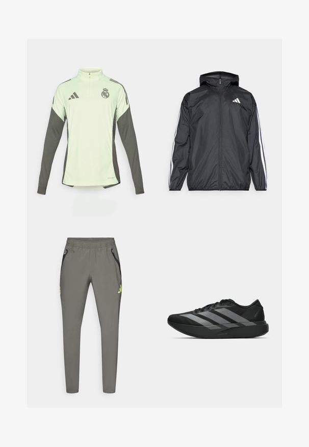Crna jakna s kapuljačom, izrađena od glatkog, laganog materijala. Sadrži bijele pruge duž rukava i logo na prsima.; Svijetlozelena majica dugih rukava s tamnosivim detaljima, polu-zip ovratnikom i logotipom Real Madrida. Izrađena od prozračnog materijala.; adidas Performance REAL MADRID C VISTECH P - Klupska odjeća - utility grey/semi frozen yellow; Crne atletske tenisice s laganim dizajnom, koje imaju tri istaknute sive pruge, glatku teksturu i oblikovanu pogodnu potplat.