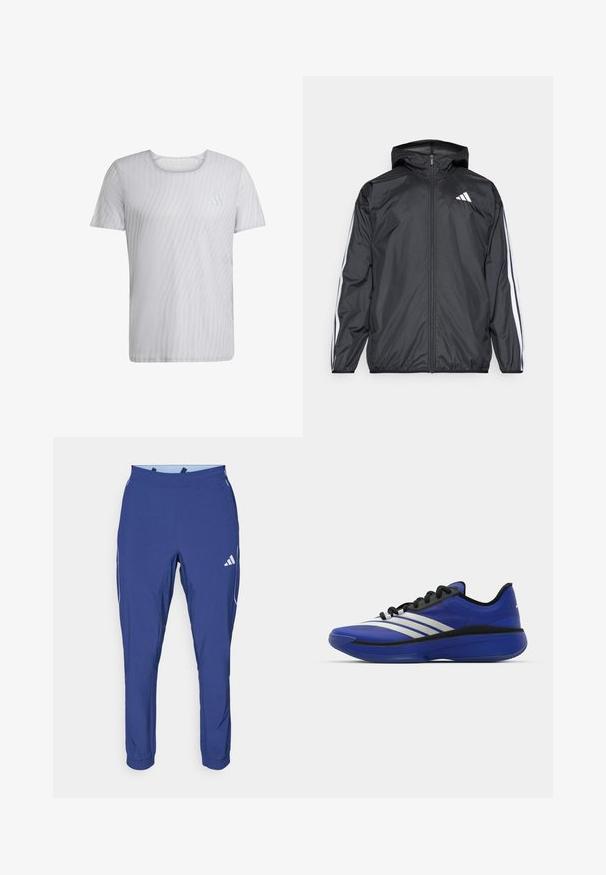 Čierna vetrovka s kapucňou, vyrobená z hladkého, ľahkého materiálu. Má biele pruhy pozdĺž rukávov a logo na hrudi.; Biely tričko s krátkym rukávom so subtilnou prúžkovanou textúrou a okrúhlym výstrihom. Obsahuje malé logo na ľavej strane hrude.; adidas Performance TECH APP - Tepláky - dark blue/glow blue; adidas Performance ADIZERO SELECT 3.0 - Basketbalová obuv - lucid blue/core black/metallic