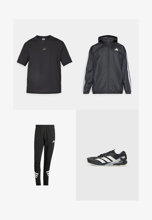 Black windbreaker jacket with a hood, made of smooth, lightweight material. Features white stripes along sleeves and a logo on the chest.; Black athletic t-shirt made of breathable material, featuring short sleeves, a round neck, and a reflective logo on the chest.; Black athletic pants with an elastic waistband, featuring reflective white accents in a striped pattern on the lower legs. Made from a smooth fabric.; Black athletic shoe with white stripes, mesh upper, rounded toe, and cushioned sole. Features a textured heel and secure lacing system.