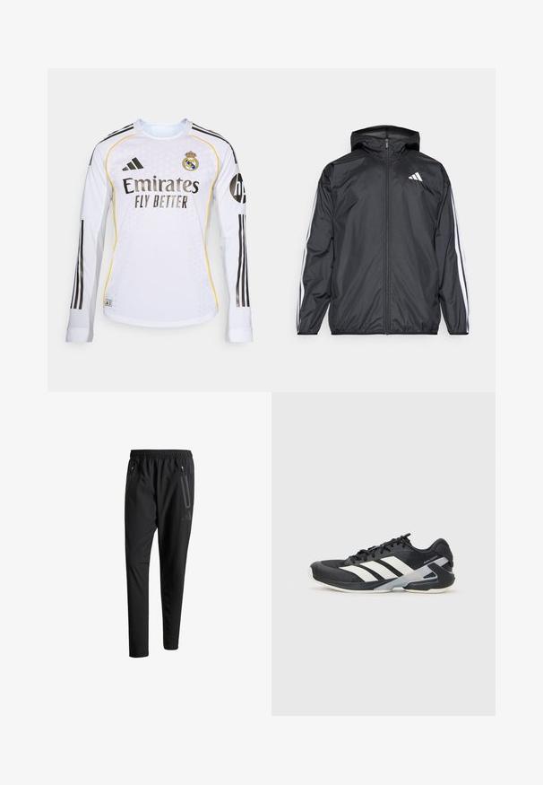 Must hele musta tuulejope, millel on kapuuts ja mis on valmistatud siledast, kergest materjalist. Omab valgeid triipasid varrukatel ja logo rinnal.; Valge pika varrukaga jalgpallisärgi, millel on mustad triibud, Adidas logo ja Real Madridi embleem. "Emirates Fly Better" on silmapaistvalt välja toodud.; Mustavad spordipüksid elastse vöökoha, kahe tõmblukuga küljetasku, kitsenevate säärete ning õrna logodetailiga puusadel.; Mustad sportlik jalanõud mustade värvidega, valgete triipudega, võrgusilma pealmine osa, ümar varvas ja pehme tallaga. Omab tekstureeritud kontsa ja kindlat paeltesüsteemi.