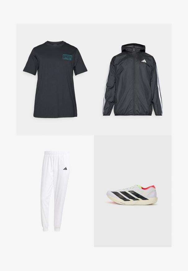 Jachetă neagră de vânt cu glugă, realizată dintr-un material neted și ușor. Prezintă dungi albe pe mâneci și un logo pe piept.; Tricou din bumbac negru, cu mâneci scurte și guler rotund. Prezintă o imprimare grafică de culoare teal în zona stângă a pieptului. Design simplu, casual.; Pantaloni sport albi dintr-un material neted, cu un brâu elastic și mansete ajustate, având un logo negru pe buzunarul din spate.; Adidași albi pentru alergare cu dungi negre, accente verzi neon și toc roșu. Prezintă un design ușor și o talpă texturată pentru aderență.