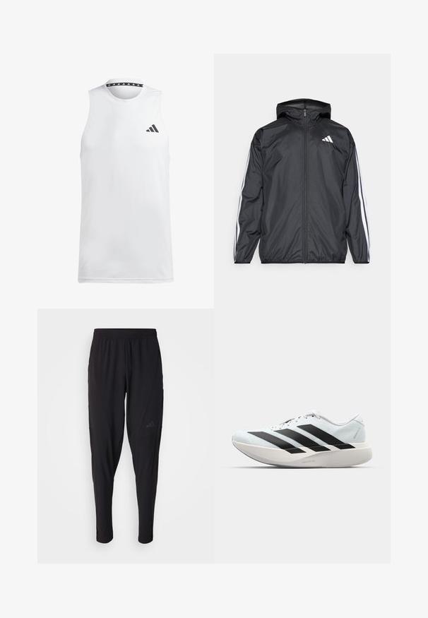 Melnā vēja izolācija jaka ar kapuci, izgatavota no gluda, viegla materiāla. Iekļautas baltas svītras gar piedurknēm un logo uz krūšu.; Balts bez Piedurknēm sporta topiņš, izgatavots no gludas auduma. Tam ir melns logo kreisajā krūtī un rakstains melns apkakles malā.; Melni sporta bikses ar elastīgu jostasvietu, sašaurinātu dizainu, sānu kabatām un smalku logo akcentu. Izgatavotas no elastīga, elpojoša auduma.; Gaiši zili vieglie skriešanas apavi ar melniem svītrainiem. Iezīmēti ar gludu augšpusi, apaļu purngalu un biezāko balto vidējo zoli, kurā ir uzraksts "LIGHTSTRIKE PRO."