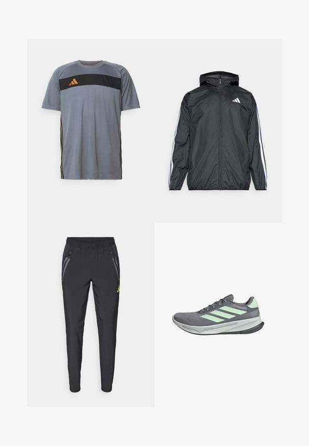 Mustakainen tuulitakki, jossa on huppu, valmistettu sileästä ja kevyestä materiaalista. Tässä takissa on valkoiset raidat hihoissa ja logo rinnassa.; Harmaa urheilupaita lyhyillä hihoilla, jossa on musta vaHorizontal paneeli ja oranssi logo. Mustat raidat kulkevat molemmilla sivuilla.; adidas Performance REAL MADRID TIRO25 PRO VIS TECH TRAVEL PANT - Joukkuetuote - black/lucid lemon; adidas Performance SUPERNOVA - Maastojuoksukengät - grey three semi green spark dash grey