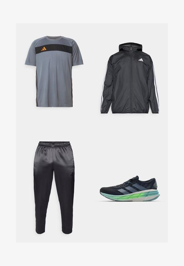 Črna vetrovka s kapuco, izdelana iz gladkega, lahkega materiala. Ima bele črte ob rokavih in logo na prsih.; Siva športna majica s kratkimi rokavi, ki ima črn vodoravni pas in oranžno logotip. Črni črti tečejo ob straneh.; Črne športne hlače iz gladkega, lahkega materiala z elastičnim pasom. Imajo majhen logotip na levi strani in zožene hlačnice.; Črne in modre atletske čevlje z mrežasto zgornjim delom, tremi belimi črtami, prozornim zelenim podplatom in opaznim teksturiranim vzorcem. Lahka oblika.