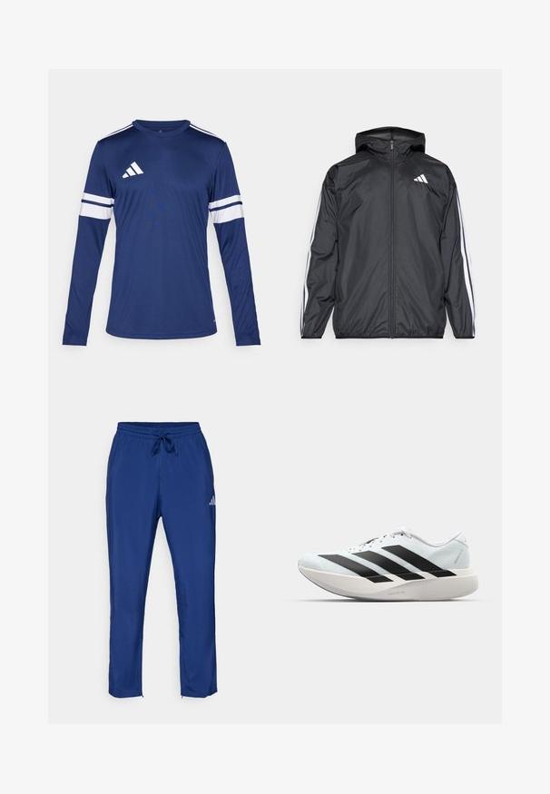 Mustakainen tuulitakki, jossa on huppu, valmistettu sileästä ja kevyestä materiaalista. Tässä takissa on valkoiset raidat hihoissa ja logo rinnassa.; Pitkähihainen urheilupaita tummansinisestä kankaasta. Käsivarsissa valkoiset raidat ja olkapäissä kolme valkoista raitaa. Adidas-logo rinnassa.; Laivastonsiniset urheiluhousut, joissa on joustava vyötärö ja naru. Sivussa on huomaamaton logo ja nilkoissa vetoketjulliset aukot.; Kevyt juoksukengät vaaleansinisinä mustilla raidoilla. Ominaisuuksiin kuuluu sileä pinta, pyöreä kärki ja paksu valkoinen välipohja, joka on merkitty "LIGHTSTRIKE PRO".