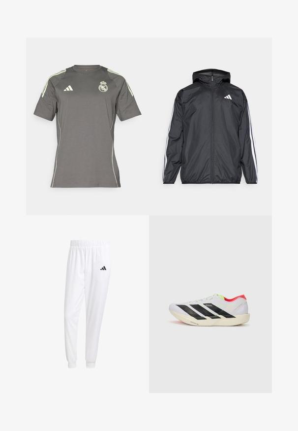 Black windbreaker jacket with a hood, made of smooth, lightweight material. Features white stripes along sleeves and a logo on the chest.; Gray athletic shirt made of lightweight fabric. Features lime green accents, short sleeves, and the Real Madrid logo on the chest.; White athletic pants made of smooth fabric, featuring an elastic waistband and fitted cuffs, with a black logo on the back pocket.; White running shoe with black stripes, neon green accents, and a red heel. Features a lightweight design and textured sole for grip.