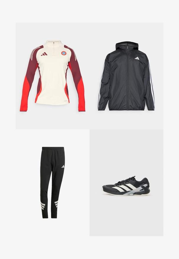 Sort vindjakke med hætte, lavet af glat, let materiale. Har hvide striber langs ærmerne og et logo på brystet.; adidas Performance FC BAYERN M�NCHEN EU TRAINING TOP - Klub merchandise - beige; Sorte træningsbukser med en elastisk talje, der har reflekterende hvide detaljer i et stribet mønster på underbenene. Fremstillet af et glat stof.; Sort sportsko med hvide striber, mesh-overdel, rund tå og dæmpet sål. Har en tekstureret hæl og et sikkert snøresystem.