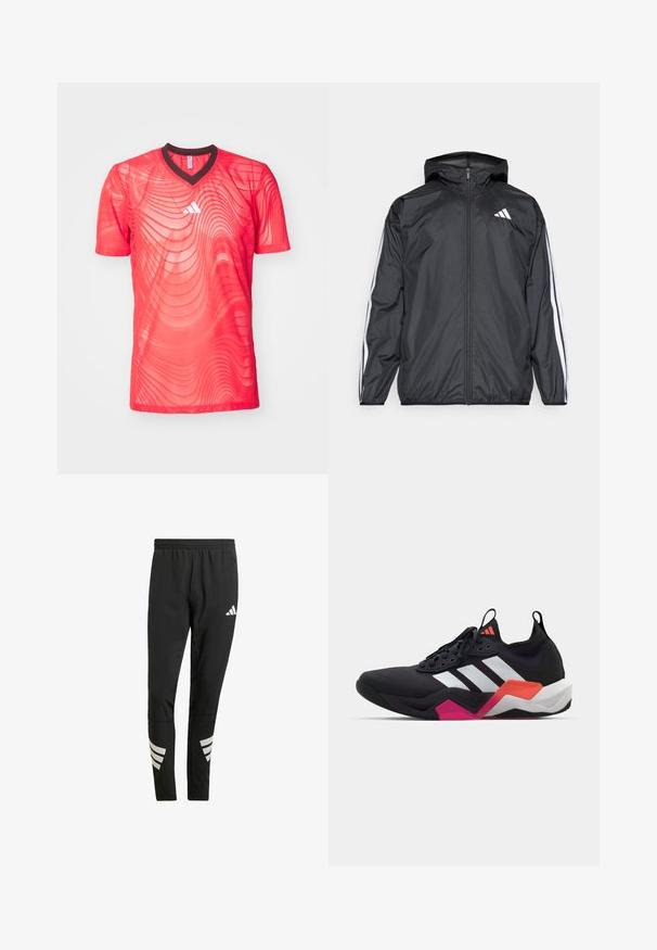 Juodas vėjaračius striukė su gobtuvu, pagaminta iš glotnaus, lengvo medžiagos. Turtingi balti dryžiai palei rankoves ir logotipas ant krūtinės.; Raudona sportinė marškinė su V formos iškirpte, kuri turi tekstūruotą raštą ir kontrastingą tamsią iškirptę. Pagaminta iš lengvos tinklinės medžiagos.; Juodos sportinės kelnės su elastingu juosmeniu, turinčios atspindinčių baltų akcentų juostelėmis apatinėse kojose. Pagamintos iš lygaus audinio.; Juodos sportinės bateliai su baltais dryžiais, tekstūruota viršutinė dalis ir masyvus padas su oranžinėmis, rožinėmis ir baltomis detalėmis. Su raišteliais ir su traukimo juostele.