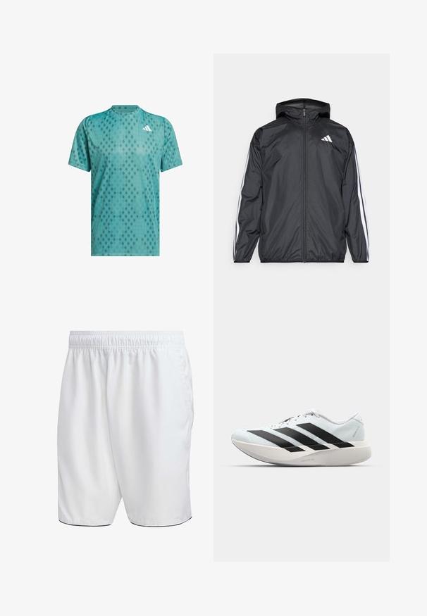 Zwarte windbreaker met capuchon, gemaakt van glad, lichtgewicht materiaal. Heeft witte strepen langs de mouwen en een logo op de borst.; Teal sportt-shirt gemaakt van ademend materiaal, voorzien van een ruitpatroon; ronde hals; korte mouwen; accentlogo op de borst.; Witte shorts met een elastische tailleband, een gladde textuur en contrasterende zwarte afwerking aan de zoom. Ontworpen voor casual of sportieve kleding.; Lichte hardloopschoenen in lichtblauw met zwarte strepen. Beschikt over een soepele bovenkant, ronde neusstuk en dikke witte tussenzool met het label "LIGHTSTRIKE PRO."