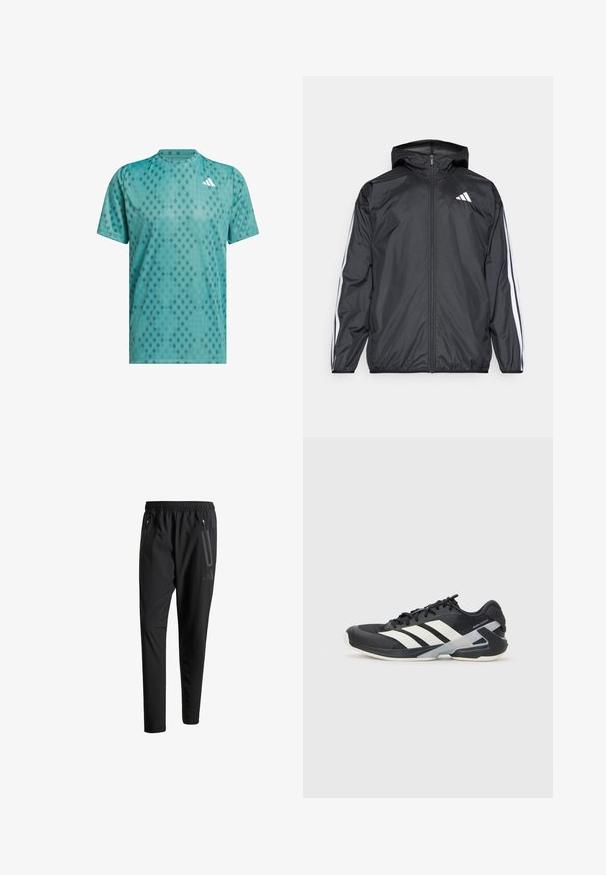 Juodas vėjaračius striukė su gobtuvu, pagaminta iš glotnaus, lengvo medžiagos. Turtingi balti dryžiai palei rankoves ir logotipas ant krūtinės.; Mėlynas sportinis marškinėlis, pagamintas iš pralaidaus audinio, su deimanto raštu; apvalus kaklas; trumpomis rankovėmis; akcento logotipas ant krūtinės.; Juodi sportiniai šortai su elastiniu juosmeniu, dviem užtrauktukais šoniniais kišenėmis, siaurėjančiomis kojomis ir subtiliu logotipo detaliu ant klubo.; Juoda sportinė avalynė su baltais dryžiais, tinklinis viršus, apvalus pirštas ir paminkštinta padais. Yra tekstūruota kulno dalis ir saugi raištelių sistema.