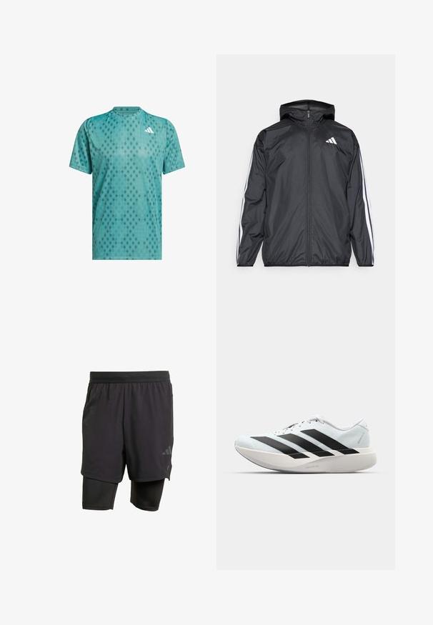 Melnā vēja izolācija jaka ar kapuci, izgatavota no gluda, viegla materiāla. Iekļautas baltas svītras gar piedurknēm un logo uz krūšu.; Tīklā zila sporta t-krekls izgatavots no elpojoša materiāla ar dimanta rakstu; apaļa kakla izgriezums; īsas piedurknes; akcentu logo uz krūšu daļas.; Melni sporta šorti ar iebūvētu iekšējo slāni, izgatavoti no elpojoša auduma. Iekļautas diskrētas logotipa detalizācijas un strukturēta tekstūra. Regulējama jostasvieta.; Gaiši zili vieglie skriešanas apavi ar melniem svītrainiem. Iezīmēti ar gludu augšpusi, apaļu purngalu un biezāko balto vidējo zoli, kurā ir uzraksts "LIGHTSTRIKE PRO."