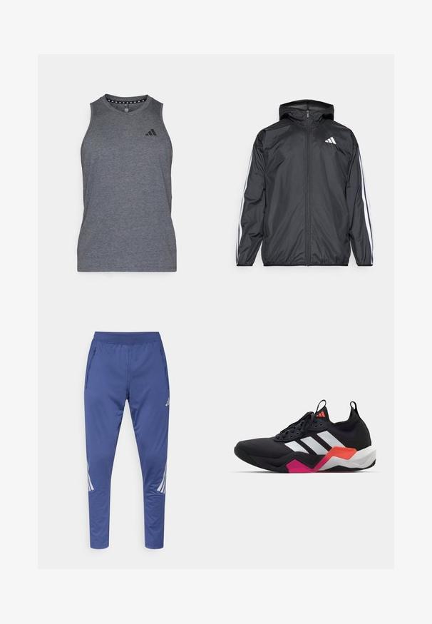 Melnā vēja izolācija jaka ar kapuci, izgatavota no gluda, viegla materiāla. Iekļautas baltas svītras gar piedurknēm un logo uz krūšu.; Pelēks sporta krekls bez piedurknēm, izgatavots no viegla auduma, ar apaļu kakla izgriezumu un melnu zīmola logotipu kreisajā krūšu daļā.; Zilas sporta bikses ar elastīgu jostasvietu, sānu rāvējslēdzēja kabatām un baltām diagonālām svītrām sānos. Izgatavotas no gluda, viegla materiāla.; Melna sporta kurpe ar baltām svītrām, teksturētu virsējo daļu un masīvu zoli, kurai ir oranži, rozā un baltie akcenti. Auklu dizains ar vilkšanas cilpu.