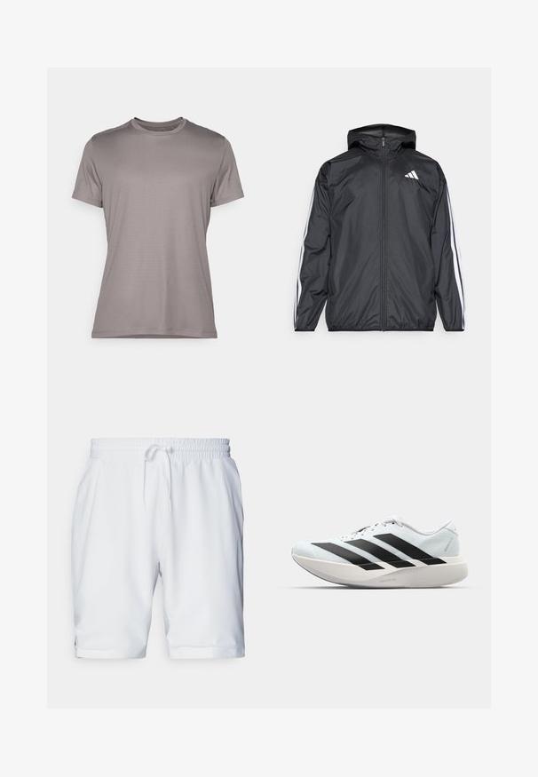 Casaco corta-vento preto com capuz, feito de material liso e leve. Apresenta riscas brancas ao longo das mangas e um logótipo no peito.; T-shirt cinza de manga curta, feita de tecido texturizado, com gola redonda e um discreto detalhe de logotipo na manga. Design simples e limpo.; Calções atléticos brancos com um cós elástico e cordão ajustável. Tecido suave com uma textura subtil, apresentando bolso laterais.; Tênis de corrida leves em azul pálido com riscas pretas. Apresentam um cabedal liso, bico redondo e uma entressola espessa branca rotulada como "LIGHTSTRIKE PRO."