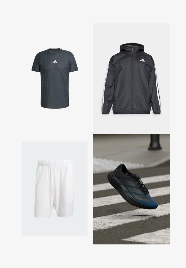 Svart vindjacka med huva, tillverkad av ett smidigt och lätt material. Har vita ränder längs ärmarna och en logotyp på bröstet.; Mörkgrå tränings T-shirt med geometriskt mönster, rund hals, korta ärmar och en vit logotyp på bröstet. Slät textur.; Vita atletiska shorts i lätt tyg, med elastisk midja, slät yta och knälång längd.; Svart och blå atletisk sko med en strömlinjeformad design, med ett texturerat överstycke, kontrasterande ränder och en dämpad sula, svävande över asfalt.