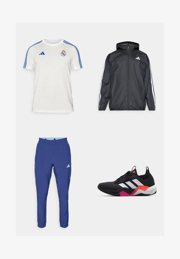 Black windbreaker jacket with a hood, made of smooth, lightweight material. Features white stripes along sleeves and a logo on the chest.; White Adidas T-shirt featuring blue stripes on shoulders, embroidered club logo on chest. Made of lightweight fabric, short sleeves.; adidas Performance TECH APP - Tracksuit bottoms - dark blue/glow blue; Black athletic shoe with white stripes, textured upper, and a chunky sole featuring orange, pink, and white accents. Laced design with pull tab.