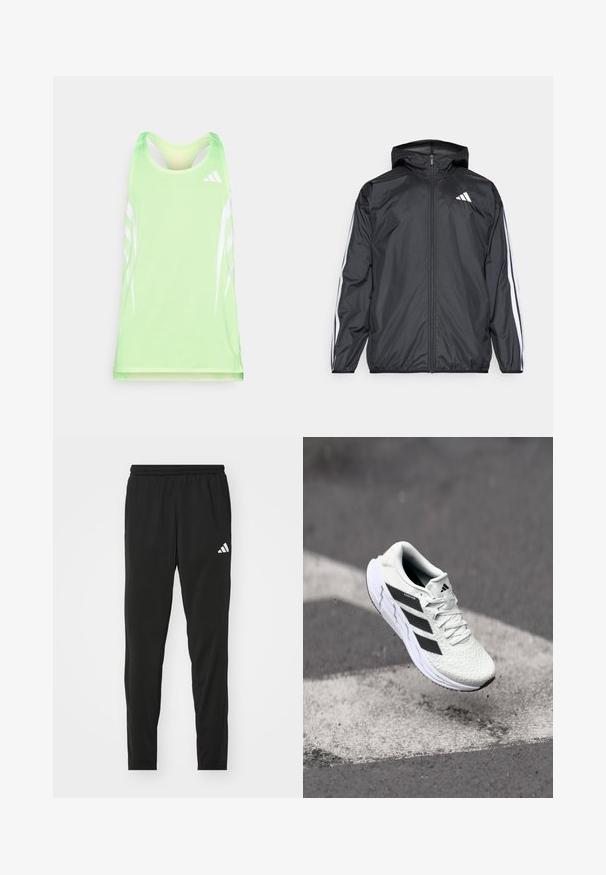 Zwarte windbreaker met capuchon, gemaakt van glad, lichtgewicht materiaal. Heeft witte strepen langs de mouwen en een logo op de borst.; Groene sporttanktop van een geweven mesh stof, met witte diagonale strepen en een Adidas-logo op de bovenste rechterzijde.; Zwarte sportbroek met een elastische tailleband, taps toelopend ontwerp en een wit Adidas-logo op de linkerdij. Glad, lichtgewicht stof.; Witte sportschoen met een textuur van mesh, zwarte strepen, vetersluiting en een gevoerde zool, zwevend boven een gemarkeerd wegoppervlak.