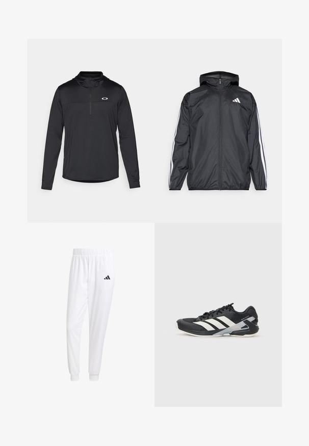 Crna jakna s kapuljačom, izrađena od glatkog, laganog materijala. Sadrži bijele pruge duž rukava i logo na prsima.; Crni pulover dugih rukava s kapuljačom, s četvrtim patentnim zatvaračem i suptilnim logotipom na prsima, izrađen od lagane, prozračne tkanine.; Bijele atletske hlače od glatkog materijala, sa elastičnom vrpcom u struku i pripijenim manžetama, sa crnim logom na stražnjem džepu.; Crne atletske cipele s bijelim prugama, mrežasta gornja strana, zaobljeni prst i podstavljeni đon. Imaju teksturiranu petu i siguran sustav vezivanja.