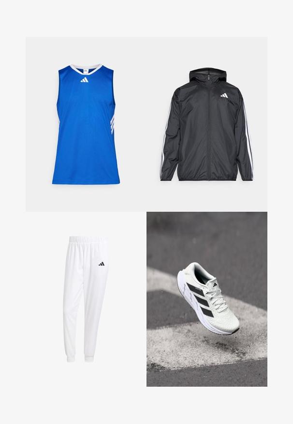 Crna jakna s kapuljačom, izrađena od glatkog, laganog materijala. Sadrži bijele pruge duž rukava i logo na prsima.; Plavi sportski majica bez rukava s bijelim detaljima, okruglog izreza i suptilnim prugama sa strane. Izrađena od glatkog, laganog materijala.; Bijele atletske hlače od glatkog materijala, sa elastičnom vrpcom u struku i pripijenim manžetama, sa crnim logom na stražnjem džepu.; Bjela atletska cipela s mrežastim gornjim dijelom s teksturom, crnim prugama, vezanjem na vezice i podstavljenim potplatom, lebdi iznad označene ceste.