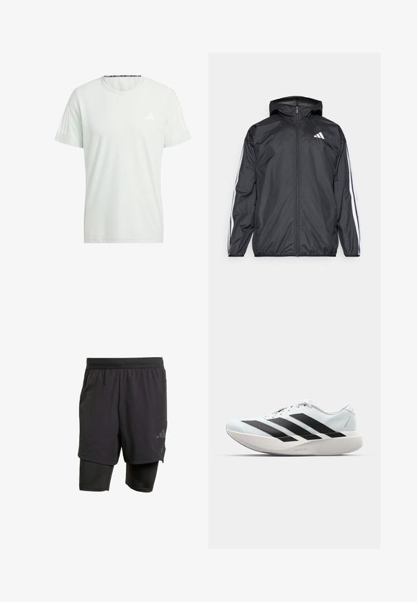 Crna jakna s kapuljačom, izrađena od glatkog, laganog materijala. Sadrži bijele pruge duž rukava i logo na prsima.; adidas Performance OTR B - Sportska majica - linen green; Crne atletske šortse s integriranim unutarnjim slojem, izrađene od prozračnog materijala. Sadrže suptilan logo i strukturiranu teksturu. Podesivi pojas.; Lagane tenisice za trčanje u svijetloplavoj boji s crnim trakama. Imaju glatku gornju površinu, okrugli vrh i debeli bijeli srednji sloj označen "LIGHTSTRIKE PRO."