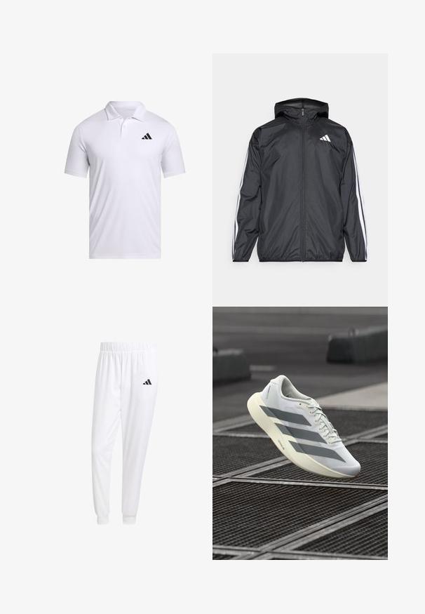 Zwarte windbreaker met capuchon, gemaakt van glad, lichtgewicht materiaal. Heeft witte strepen langs de mouwen en een logo op de borst.; Witte polo t-shirt gemaakt van ademend materiaal met een kraag, met korte mouwen en een zwart Adidas-logo op de linkerborst.; Witte sportbroek van gladde stof, met een elastische tailleband en smalle taillebanden, voorzien van een zwart logo op de achterzak.; Witte sportieve schoen met een bovenwerk van gestructureerd mesh, voorzien van grijze strepen en een dempende zool. Lichtgewicht ontwerp, geschikt om mee te hardlopen.